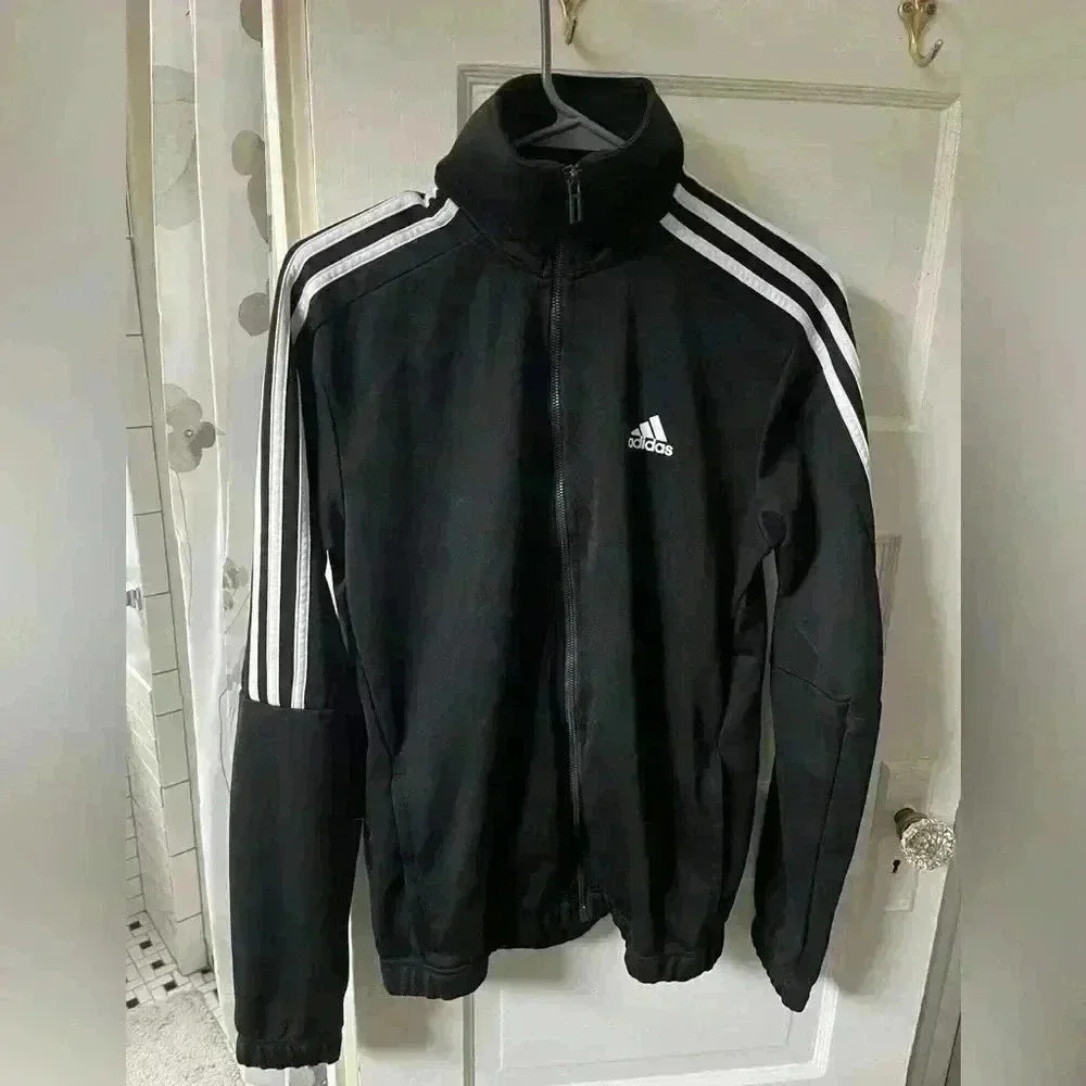Adidas 3 stripes black full zip athletic jacket mens size small